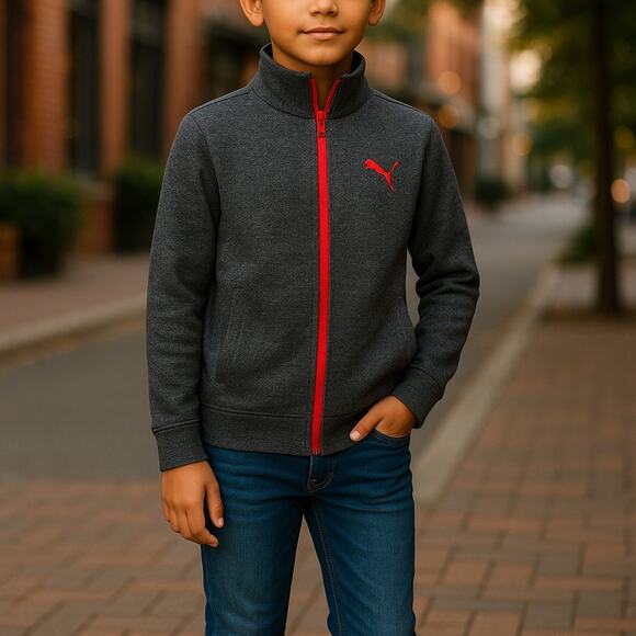 Puma Boys Fleece Jacket Sz M 8 10 Gray Red Full Front Zip Lightweight‎ Layering - Picture 1 of 9